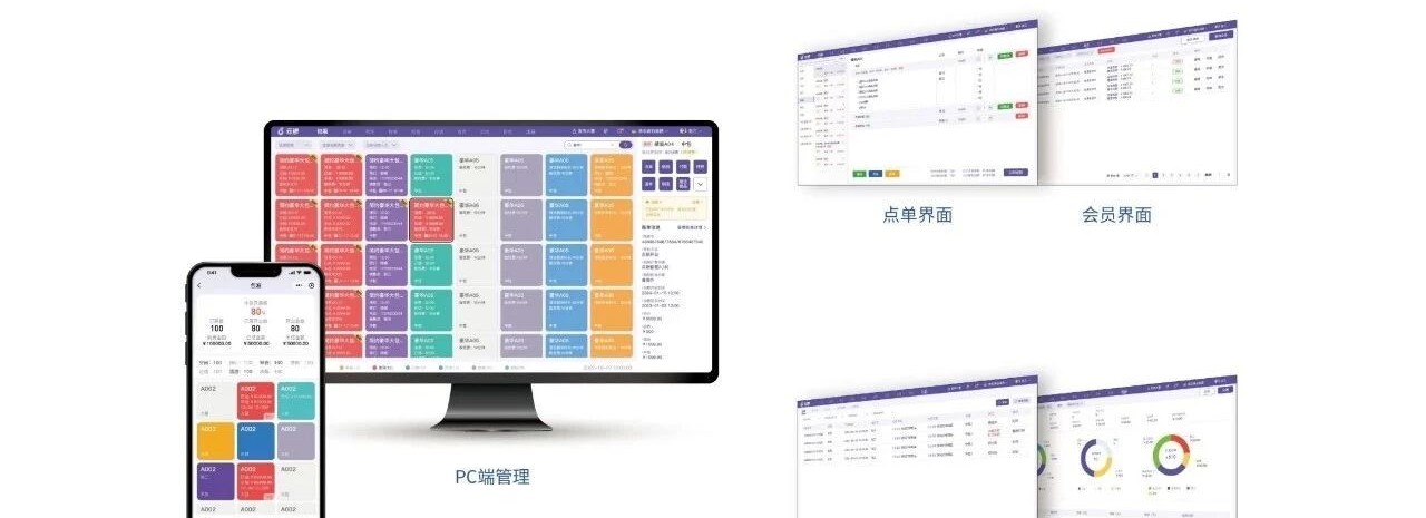 云通娱乐管理系统 PC 端管理界面，以及点单、会员、出品、交班界面